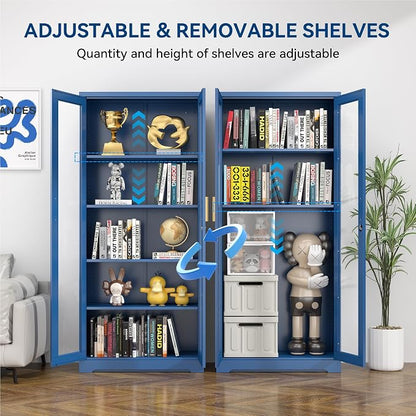Polup Curio Cabinets with Glass Doors, Tall Bookcase with Adjustable Shelves - Image 6