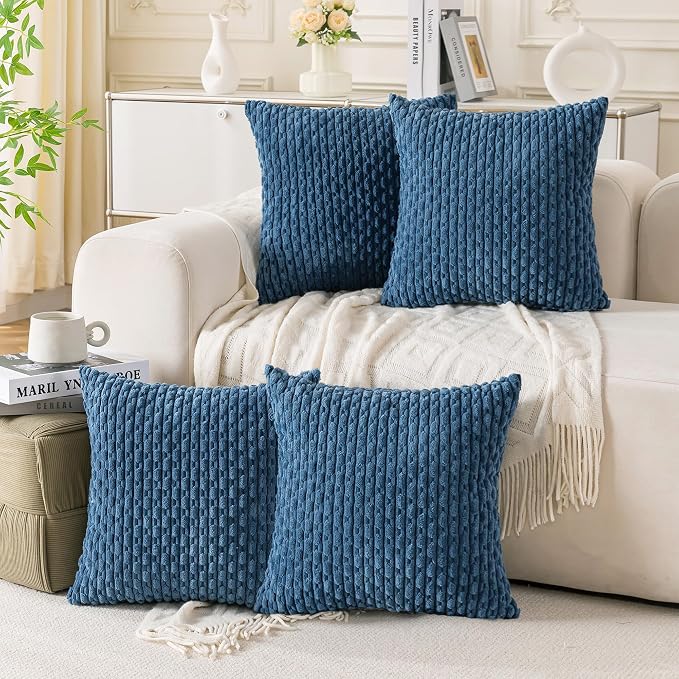 Set of 4 Blue Decorative Throw Pillow Covers 22x22 Inch Corduroy Pillow Covers by Cozoomy