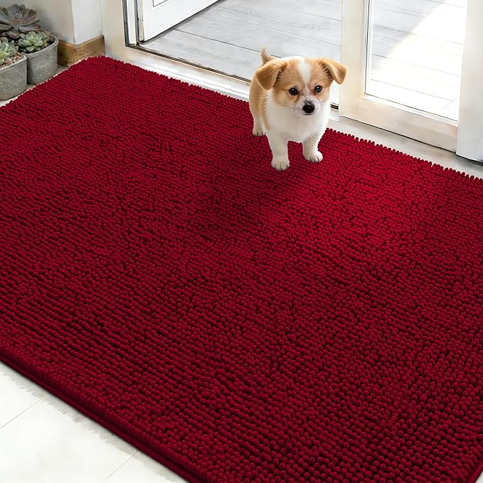 OLANLY Dog Door Mat for Muddy Paws 48x30, Super Absorbent Chenille Mud Mat | Red by OLANLY