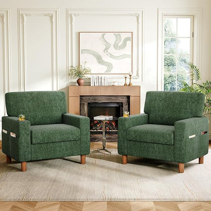 Mid Century Modern Accent Chairs Set of 2, Chenille Comfy Living Room Arm Chairs by ErdoruLiving