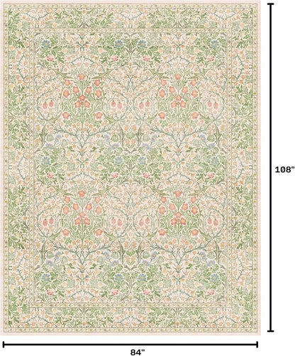 Light Beige Green Floral Living Room Rug, 7x9 Washable Area Rug - Image 2