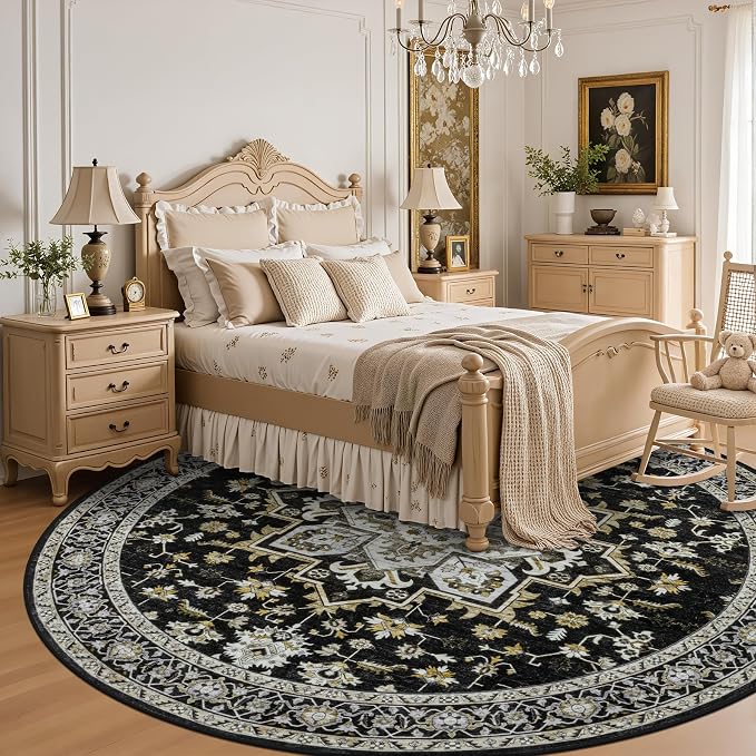 Round Area Rug for Living Room: 6ft Boho Washable Rug Black Gold | Vintage Boho - Image 4