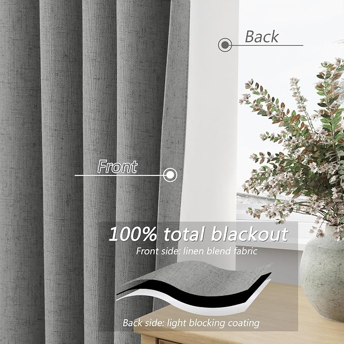Dark Grey 100% Blackout Linen Curtains 63 Inch Length 2 Panels Set - Image 4