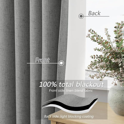 Dark Grey 100% Blackout Linen Curtains 63 Inch Length 2 Panels Set - Image 4