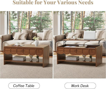 Lift Top Coffee Table with Hidden Compartment, 2 Tier Wooden Center Table with - Image 5