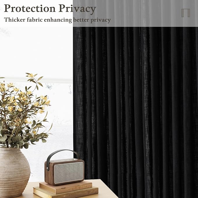 72 Inch Black Linen Blend Pleated Semi Sheer Privacy Curtains 50 Inch Wide | - Image 6