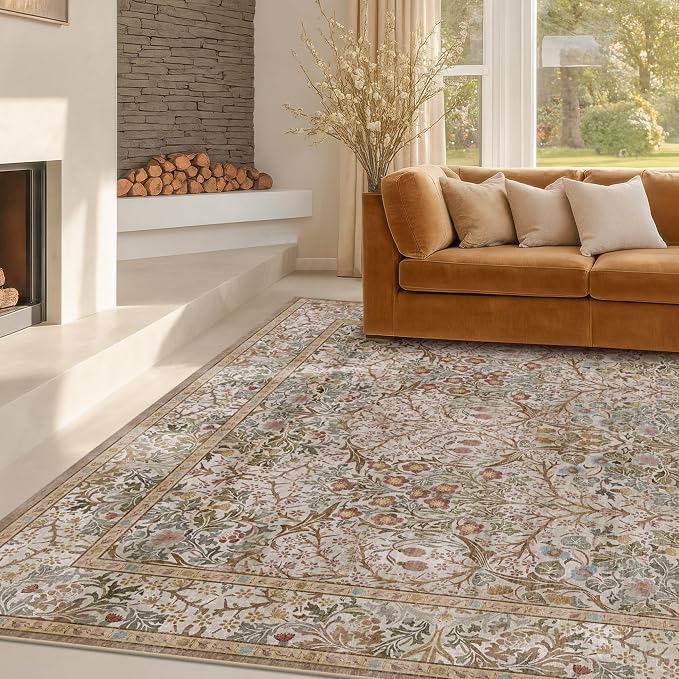 Vintage Moss Green Living Room Rug, Neutral Taupe 8x10 Washable Area Rugs - Image 8