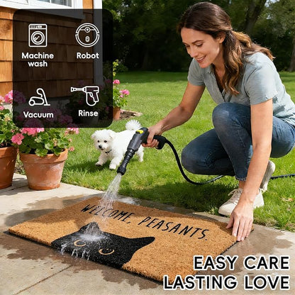 2 Pcs Welcome Peasants Black Cat Door Mat Set, Layered Artificial Coir Doormat - Image 5