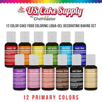 U.S. Cake Supply 12 Color Cake Food Coloring Liqua-Gel Decorating Set - .75 fl. Oz. (20ml) Bottles Primary Colors