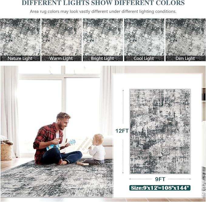 9x12 Area Rugs Washable Rug: Abstract Neutral Rugs Modern Non Slip Area Rug - Image 2