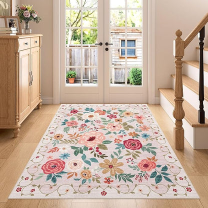 DUKINO 4x5 Area Rug for Entryway, Soft Floral Washable Rug Non Slip, by DUKINO