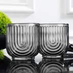 Glaver's Double Old Fashioned Rock Glasses, Set of 4 Smoke Black Whiskey Glasses, 11 oz Art Deco U-Shape Design Embossed Everyday Home Bar Glassware. Art Deco Elegant Kitchen Drinking Glasses.