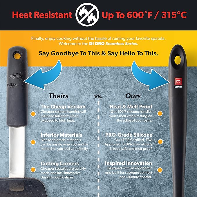DI ORO Silicone Slotted Spoon - High Heat Silicone Spoon for Cooking & Serving - 600F Nonstick Safe - Dishwasher Safe (Black)