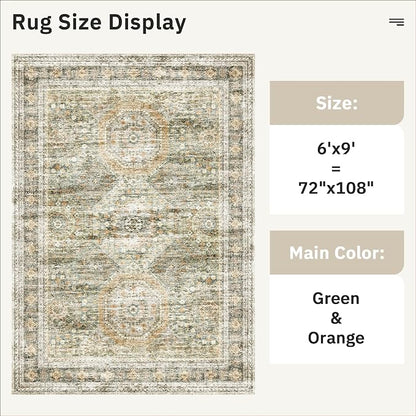 Soalmost 6x9 Area Rug for Living Room Washable Rugs Non-Slip Green/Orange | - Image 5