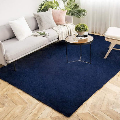 Ashler Faux Fur Rug, Ultra Soft Faux Rabbit Fur, Dark Blue Area Rugs, 6 x 9 by AshlerHomeDeco