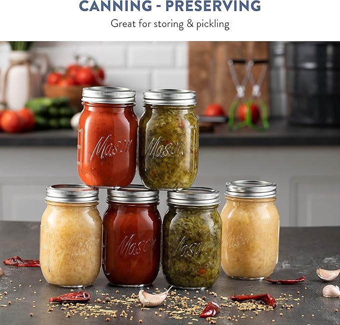 Paksh Novelty Mason Jars 16 oz - 6-Pack Regular Mouth Glass Jars with Lid & Seal Bands - Airtight Container for Pickling, Canning, Candles, Home Decor, Overnight Oats, Fruit Preserves, Jam or Jelly