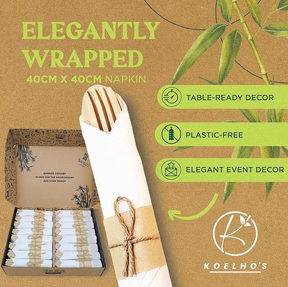 KOELHO'S Pre-Rolled Bamboo Cutlery Set 48-Pack 192 PCS | Bamboo Disposable Utensils 100% Biodegradable and Eco-Friendly | Wood Cutlery Set for Parties, Weddings, and Events