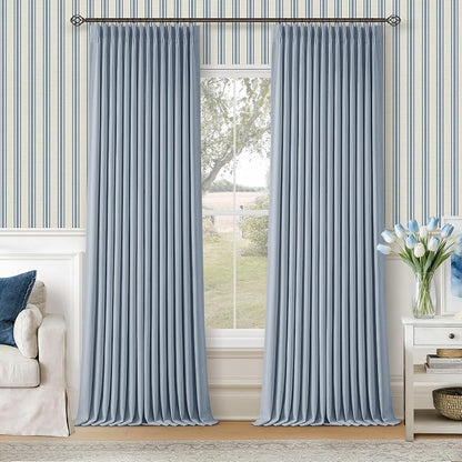 Blue 96 Inch Blackout Pinch Pleated Thick Linen Curtains by Twodrapes