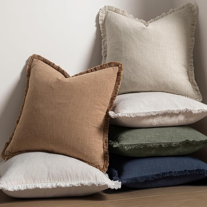 MIULEE Linen Fringe Decorative Throw Pillow Covers Light Olive Green 20x20 | - Image 5