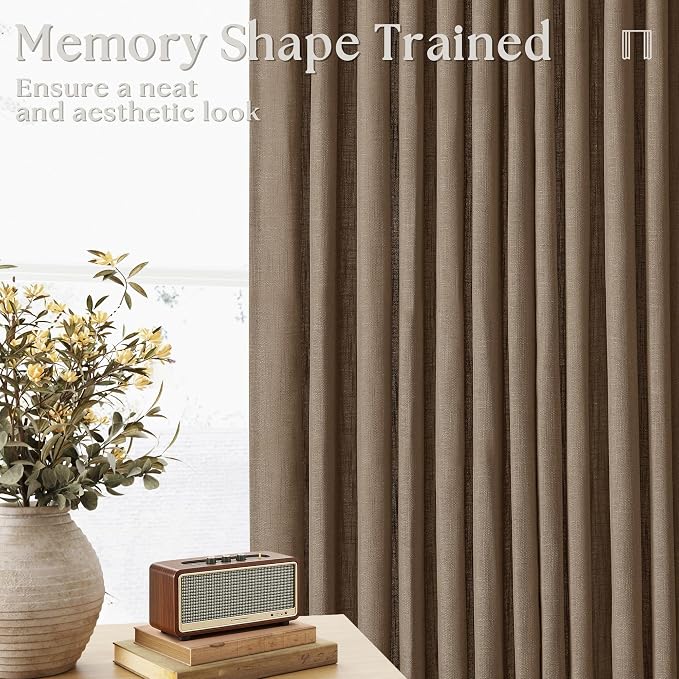 92 Inch Memory Shaped Light Filtering Linen Pleat Brown Window Curtains | Dutch - Image 3