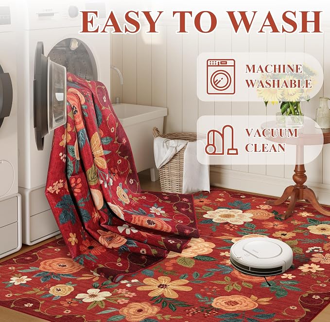 DUKINO 5x7 Area Rugs, Floral Washable Rug - Image 8