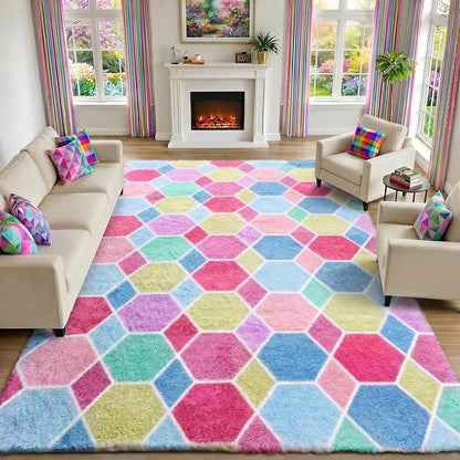 Checkered 8x10 Area Rugs for Living Room, Fluffy Pink Rainbow Girls Rug | Soft - Image 4