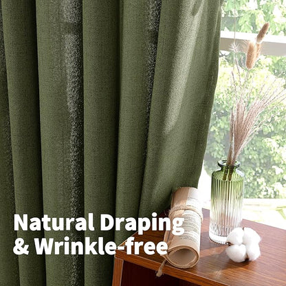 YoungsTex Olive Green Linen Semi Sheer Curtains 80 Inch Length 2 Panels | Light - Image 6