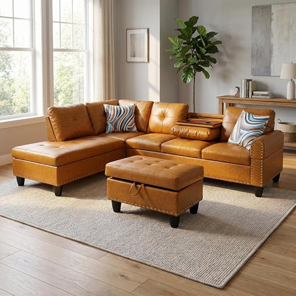 97.5" Yellow L Shaped Couch Set Leather, Modular Sectional Couches - Image 8