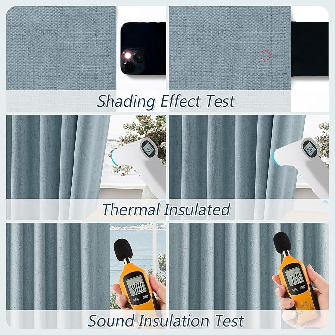 Blue 100% Blackout Linen Curtains 63 Inch Length 2 Panels Set - Image 5