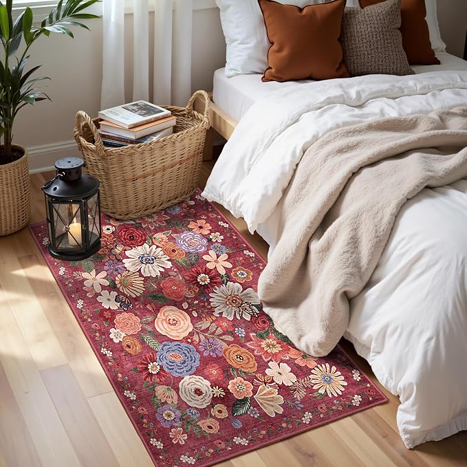 Red Floral Hallway Runner Rug 2x5 - Image 2