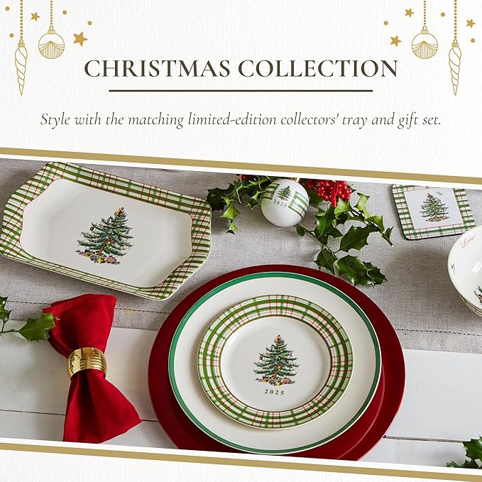 Spode Annual 2025 Collector Plate - Red & Green Plaid Border, Holiday Accent for Appetizers, Desserts & Display - 8 Inch Porcelain Plate, Microwave, Oven, Dishwasher & Freezer Safe