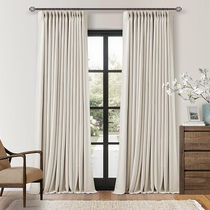 94 Inch Natural Blackout Linen Pinch Pleated Curtains 2 Panels | 100% Black Out by Twodrapes