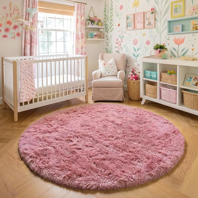 Amdrebio Blush Pink Circle Furry Area Rug 5Ft - Image 6