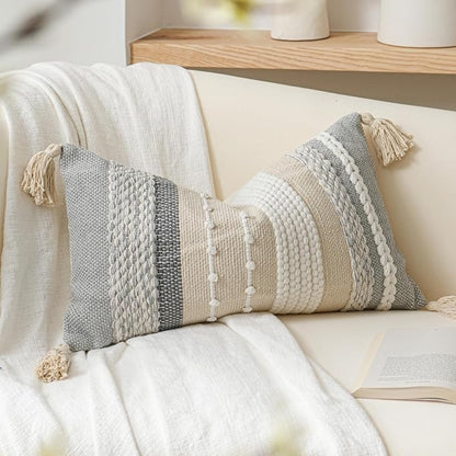 Decorative Lumbar Throw Pillow Cover 14x24 Boho Gray Accent Cushion by BlissBlush