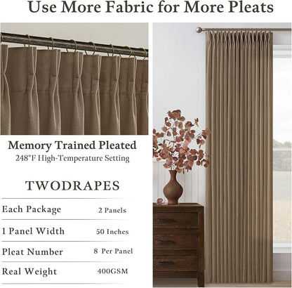 Brown Pinch Pleated Semi Sheer Thick Linen Curtains 105 Inch Long | Light - Image 2