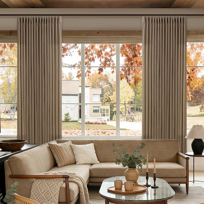 Brown Pinch Pleated Semi Sheer Thick Linen Curtains 105 Inch Long | Light - Image 7