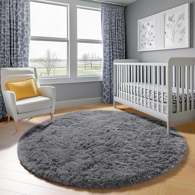 Grey Round Area Rug 4ft, Fluffy Plush Shaggy Carpet Mats - Image 7