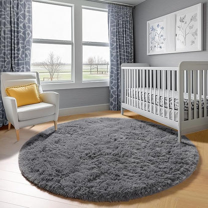 Grey Round Area Rugs 6ft, Fluffy Gray Soft Bedroom Circle Rug - Image 8