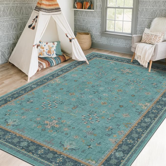 5x7 Teal Rug for Living Room, Boho Turquoise Rugs for Bedroom, Modern Eclectic - Image 3