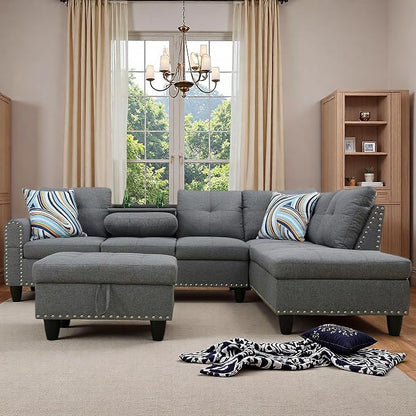 97.5" L Shaped Couch Set Linen, Modular Sectional Couches - Image 9