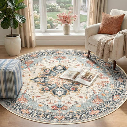 RELEANY Washable Area Rug, Round 4ft, Water Repellent, Pet Friendly, Vintage - Image 2
