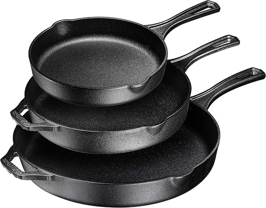 Bruntmor 8, 10 and 12 Inch Pre-Seasoned Frying Pan Set of 3, Oven Safe Skillet, Grill Pan Set, Nonstick Cookware with Side Drip Lips, Black