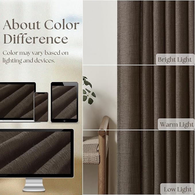 Dark Chocolate 108 Inch Pinch Pleated Semi Sheer Linen Curtains 2 Panels | - Image 4