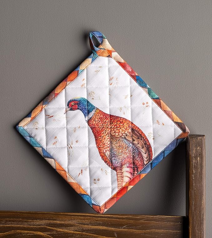 Maison d' Hermine Pot Holders Set 100% Cotton Heat Resistant Potholders 8" x 8" Hot Pads with Loop BBQ, Cooking, Baking, Grilling, Kitchen, Handling Hot Pans (Pack of 2, Faisan D'Automne)