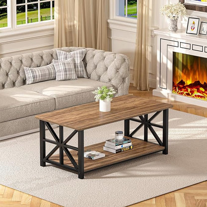 GreenForest Coffee Table with Round Corner, Farmhouse Center Table with 2-Tier - Image 9