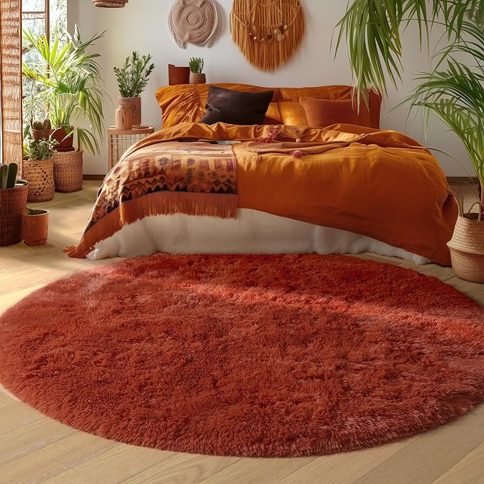Amdrebio Terracotta Large Furry Round Rug 6Ft - Image 5