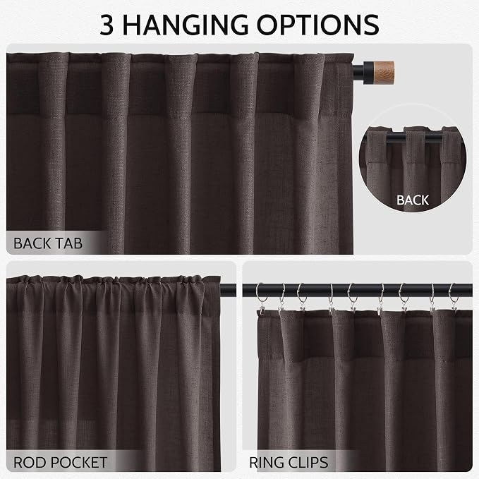 Cocoa Coffee Curtains 102 Inches Long, Back Tab Linen Blend Light Filtering - Image 3