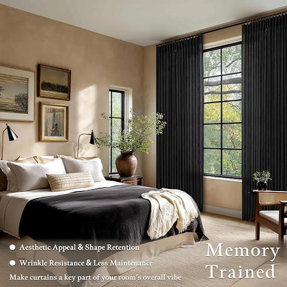 Pinch Pleated Linen Pleated Semi Sheer Black Curtains 96 Inch Long 2 Panels | - Image 2