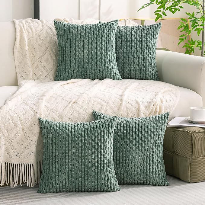 Set of 4 Teal Green Decorative Throw Pillow Covers 18x18 Inch Corduroy Pillow - Image 3