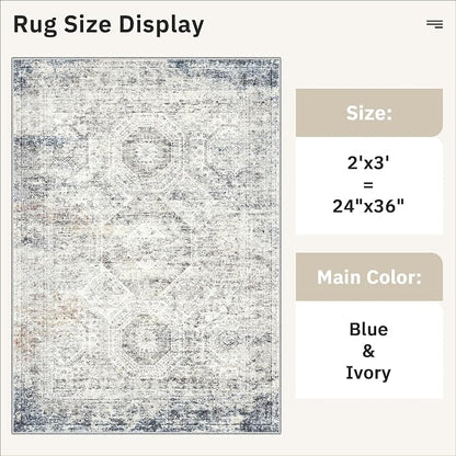 Soalmost 2x3 Washable Rugs for Kitchen, Small Area Rug Blue/Ivory | Non-Slip - Image 5